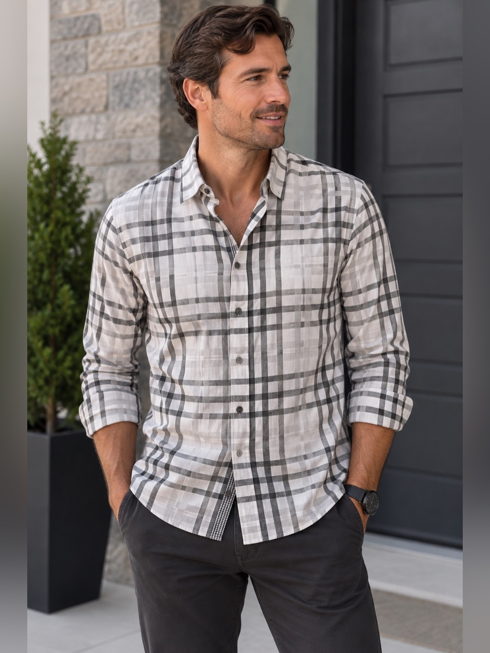 RW & co White and Gray Plaid Button-Down Shirt